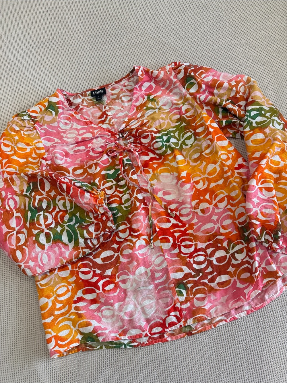 INC International Concepts Pink Multi Tie-Front Patterned Blouse